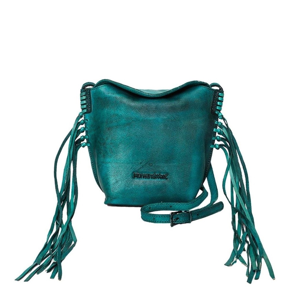 Montana West Genuine Leather Fringe Crossbody Bag Turquoise Adjustable Boho